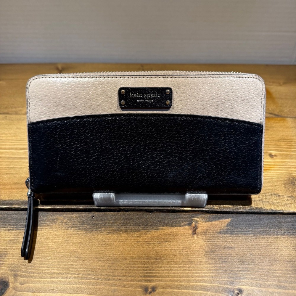 Kate Spade Zip Around Wallet Black Beige Colorblock Pebbled Leather